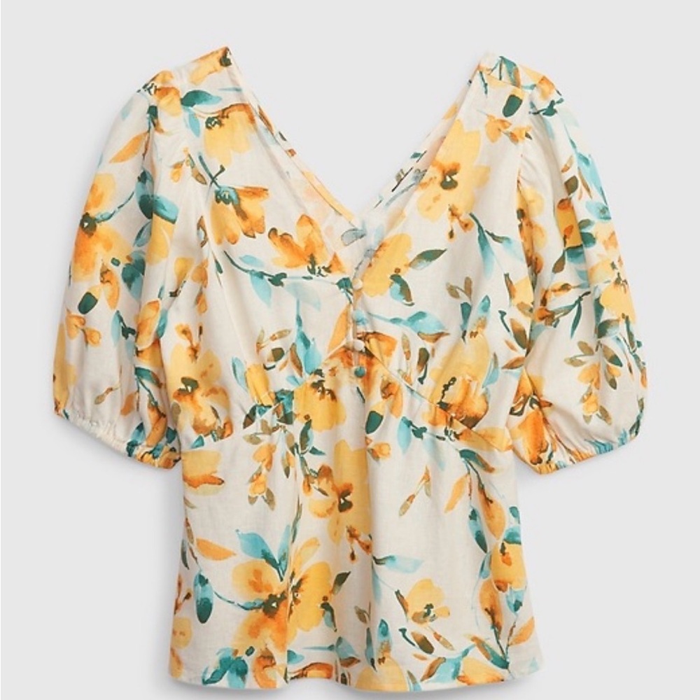 Ga p Floral Puff Sleeve V-Neck Blouse - NWT - Size L